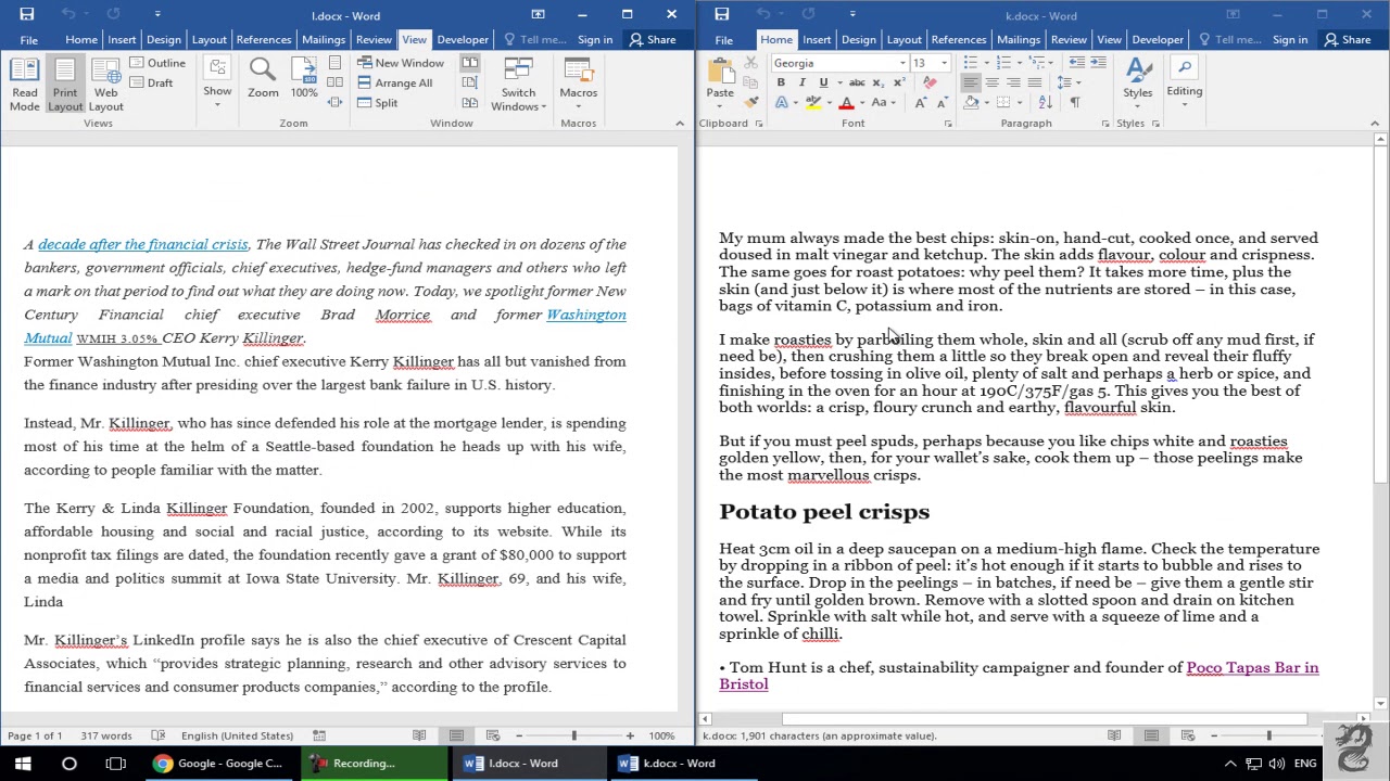 side by side documents in word for mac
